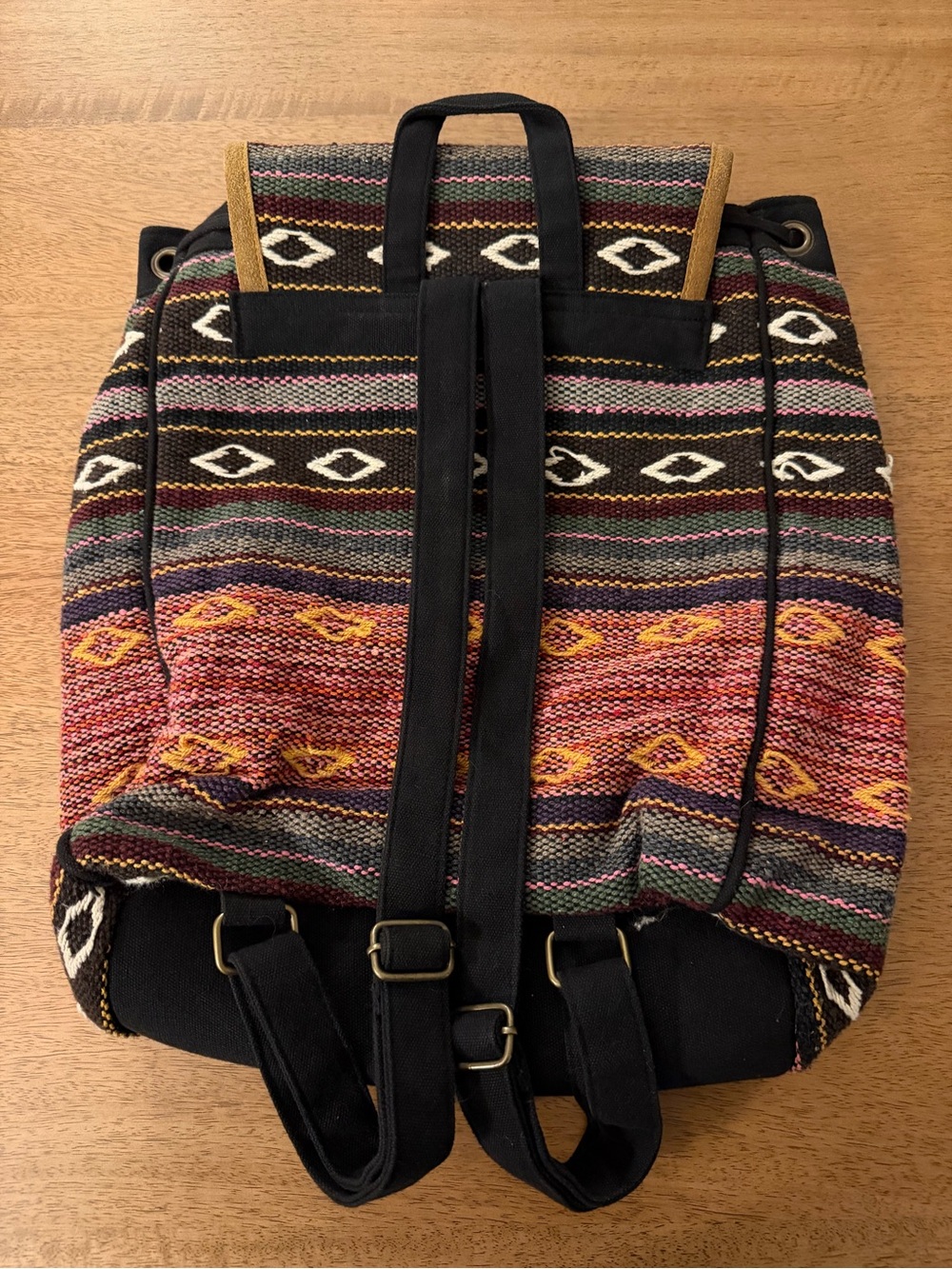 Boho Patterned Multi-Color Canvas Backpack with Tan Trim - Picture 4 of 7